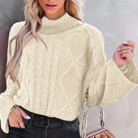Aiboria Sweaters - Turtleneck Cable Knit Long Sleeve Oversized Pullover Sweater Beige Size Large